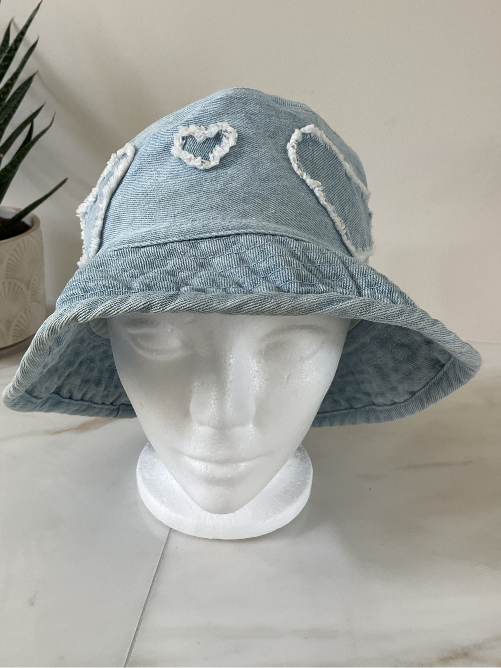 Light Blue Denim Heart Bucket Hat With White Hearts  Women/Girls